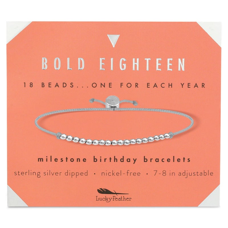 Lucky Feather Milestone 18th Birthday Gifts For Women - Sterling Silver Dipped Beads Bracelet on Adjustable 7â€- 8â€ Cord - Bold 18 Year Old Gifts - Image 1